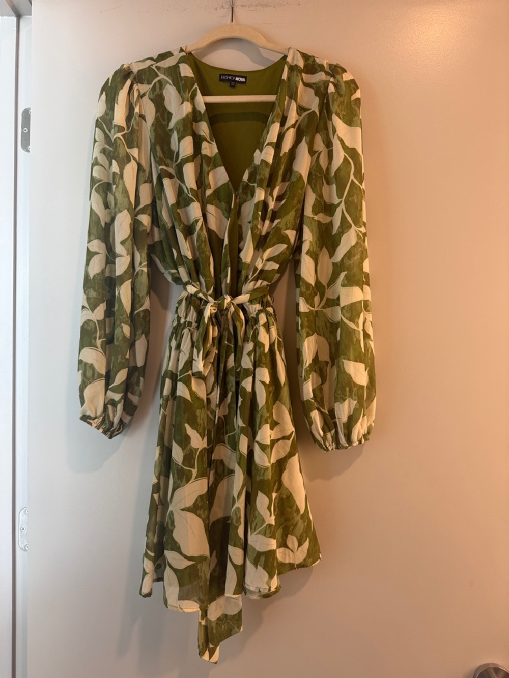 Fashion Nova Olive Green and Cream Leaf Wrap Dress